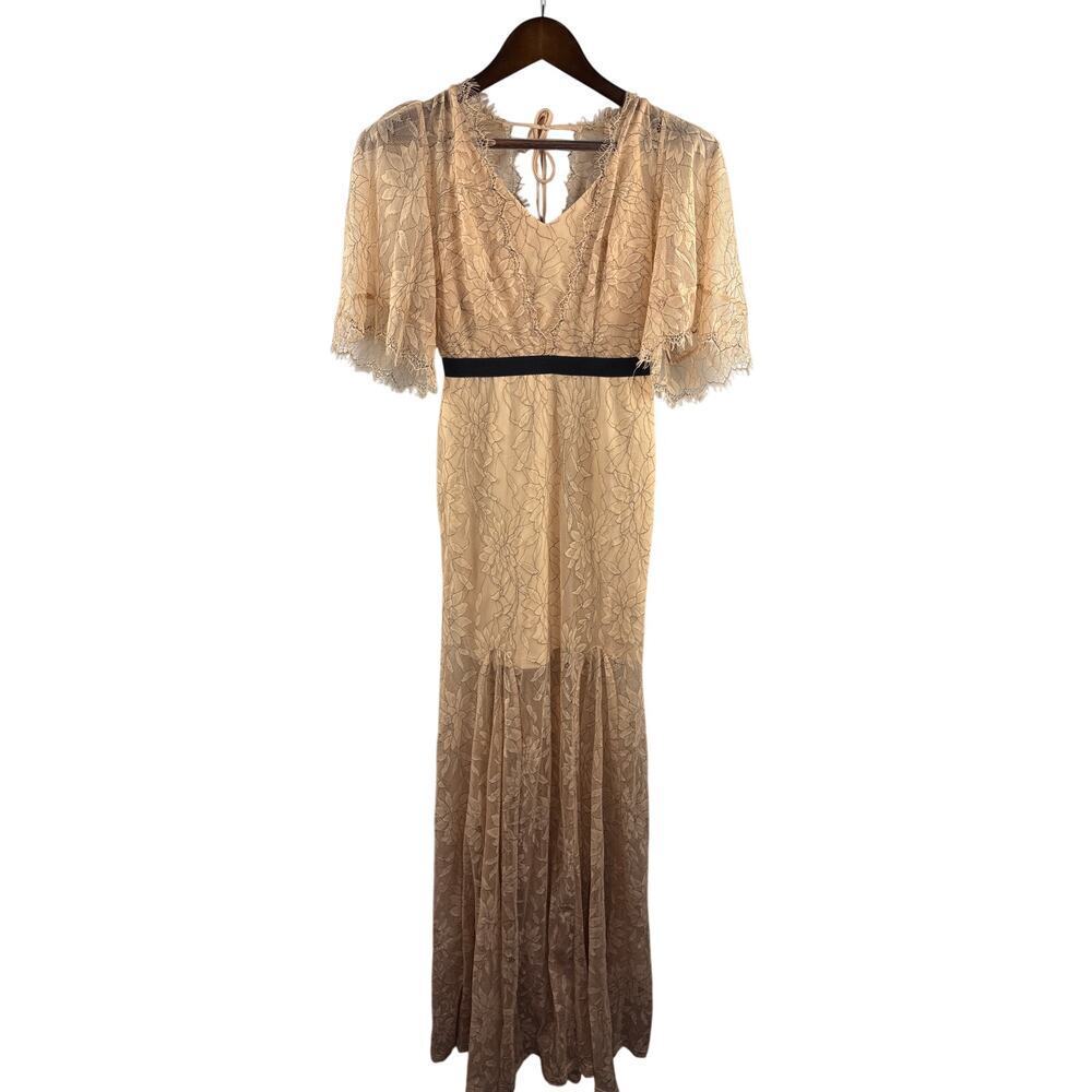 Women’s Lucy Wang Small Nude Floral Lace Maxi Dress w/ Black Belt